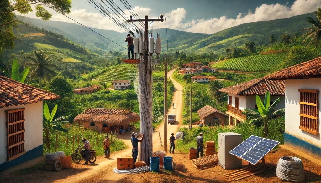 DALL·E 2024-10-27 17.10.30 - A rural landscape in Colombia showing fiber optic connectivity being installed. The scene features a small village in a lush, green mountainous region fomento-2-0